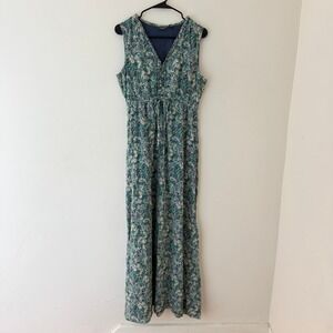 Eddie Bauer Cotton Gauze Maxi Dress 8 Blue Green Paisley Ruffle Boho Sleeveless